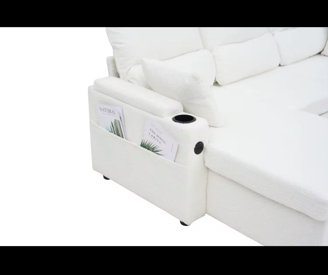2 In 1 Sleeper Sofa L shaped Sectional Futon Bed With Storage. USB, Cup Holder.