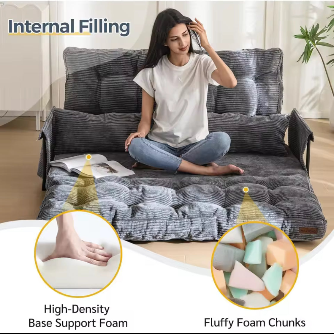 Adjustable Multifunctional Bed Couch With 2 Pillows, 5 Position Sleeper Sofa