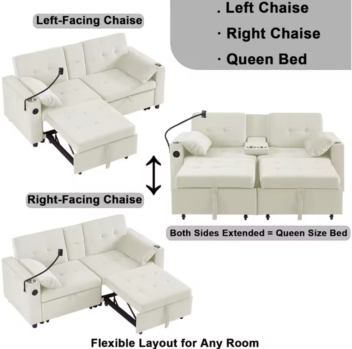 70’ Queen Solid Wood Sleeper Couch For Living Room With Cup & Phone Holder.
