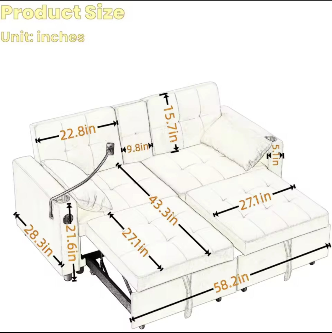 70’ Queen Solid Wood Sleeper Couch For Living Room With Cup & Phone Holder.