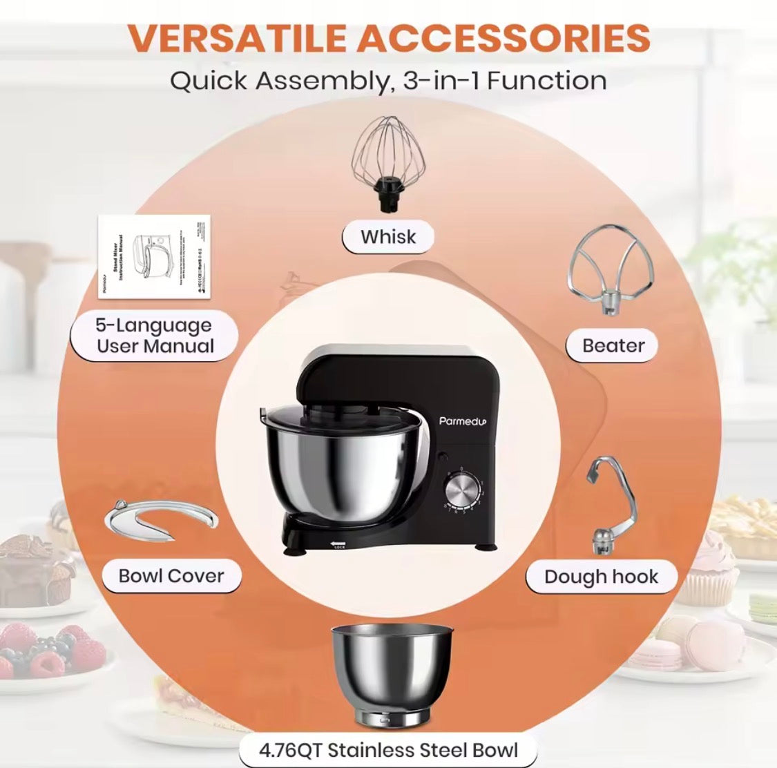 10-Speed Electric Stand Mixer with 6.5QT Bowl, Dough Hook, Beater and Whisk.