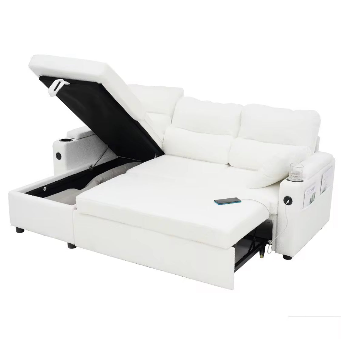 2 In 1 Sleeper Sofa L shaped Sectional Futon Bed With Storage. USB, Cup Holder.