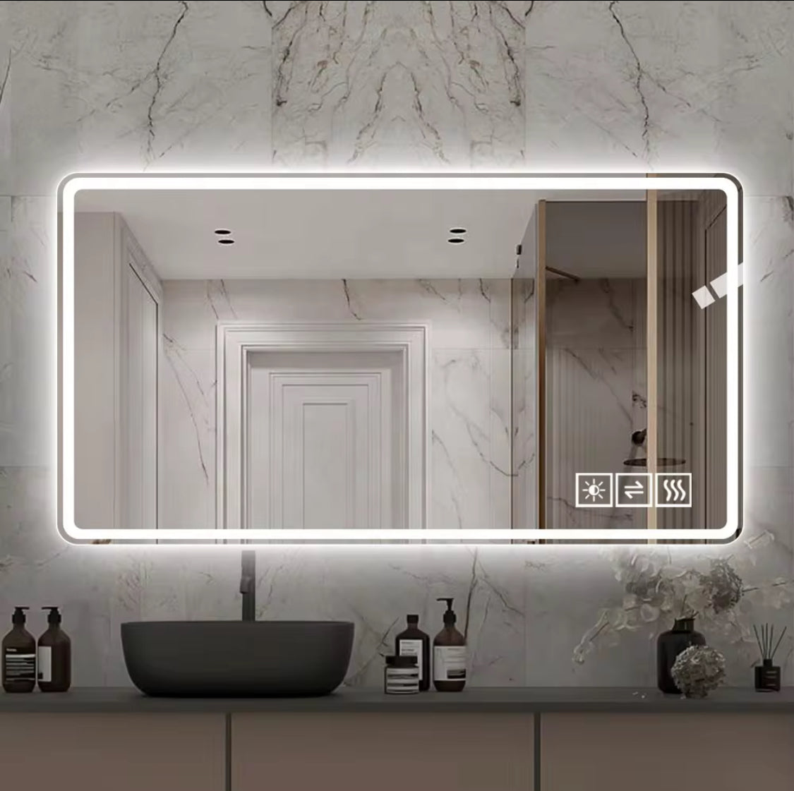 48*32 Inch Modern LED Anti-Fog Lighted Vanity Mirror 3 Colors 5 Dimmable Wall Mount