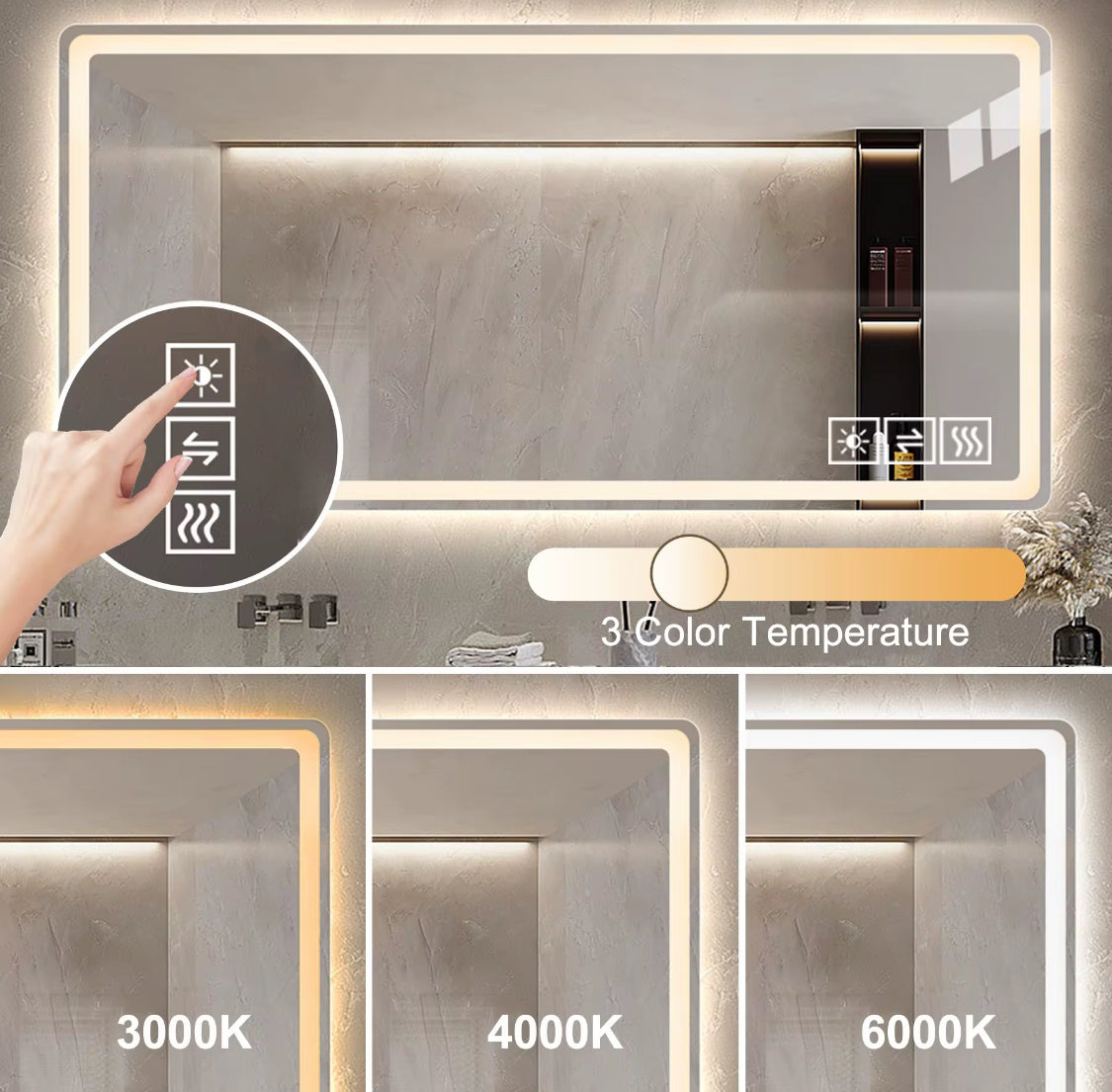 48*32 Inch Modern LED Anti-Fog Lighted Vanity Mirror 3 Colors 5 Dimmable Wall Mount