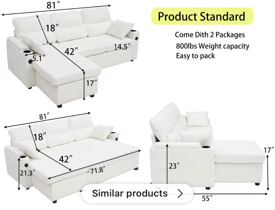 2 In 1 Sleeper Sofa L shaped Sectional Futon Bed With Storage. USB, Cup Holder.