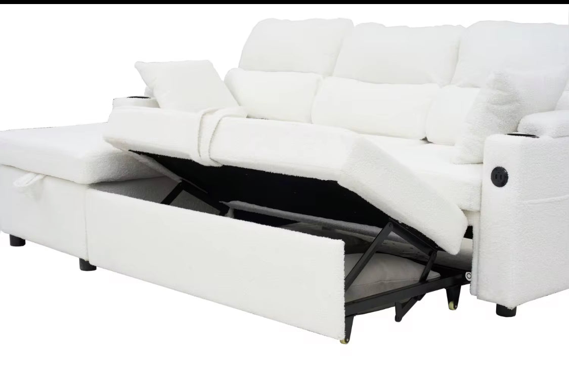 2 In 1 Sleeper Sofa L shaped Sectional Futon Bed With Storage. USB, Cup Holder.