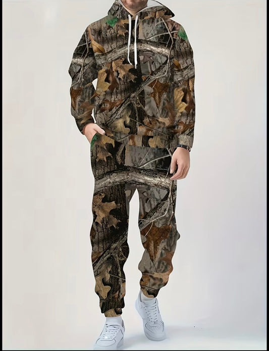 2 Men's Full Body Leaf Print Long Sleeved Hooded Sweatshirt+pants Set