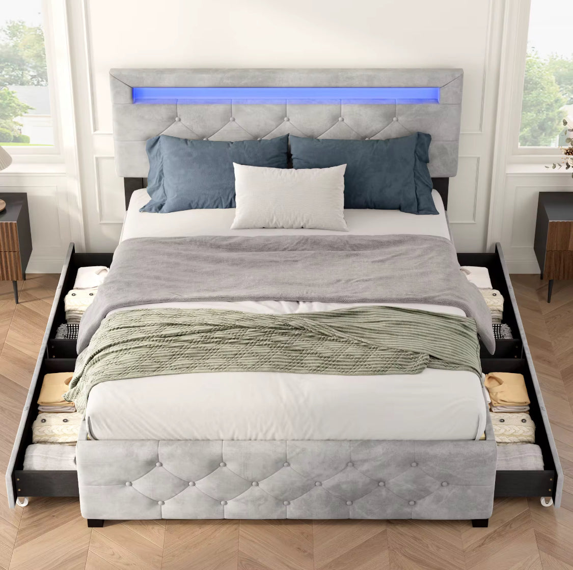 Queen Luxe Velvet Platform Bed frame With LED Headboard With 4 Storage Drawers.