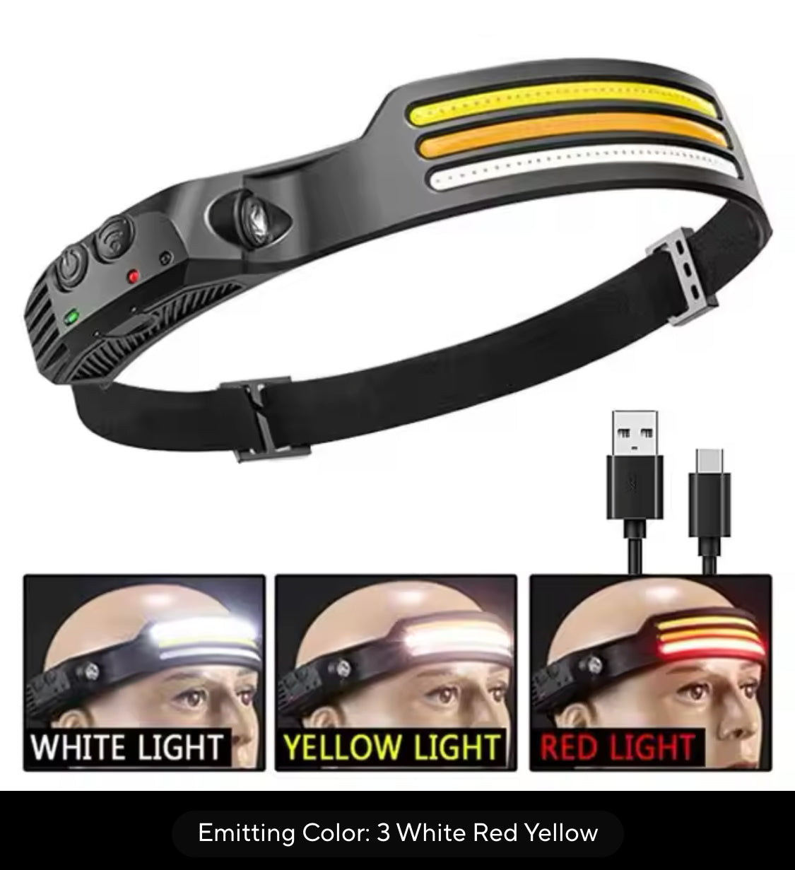 LED Headlamp Induction Head Lamp Built-in Battery USB Rechargeable Flashlight for Outdoor, Camping and Fishing