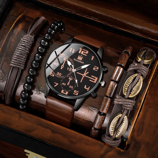 5PCS Set Fashion Mens Big Dial Quartz Wrist Watch Classic Casual Brown Leather Watch and Bracelet