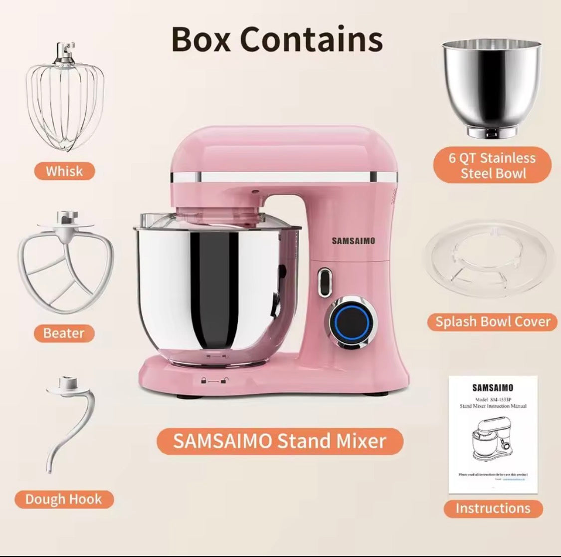10-Speed Electric Stand Mixer with 6.5QT Bowl, Dough Hook, Beater and Whisk.