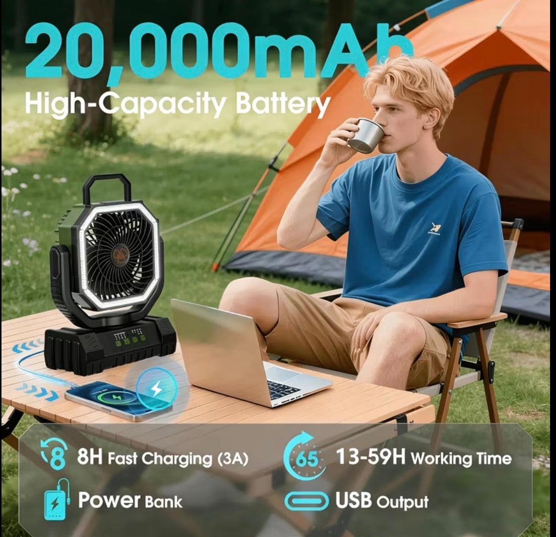 20000Mah Portable LED Camping Fan with Built-In Light - USB Rechargeable Outdoor Cooling Fan.