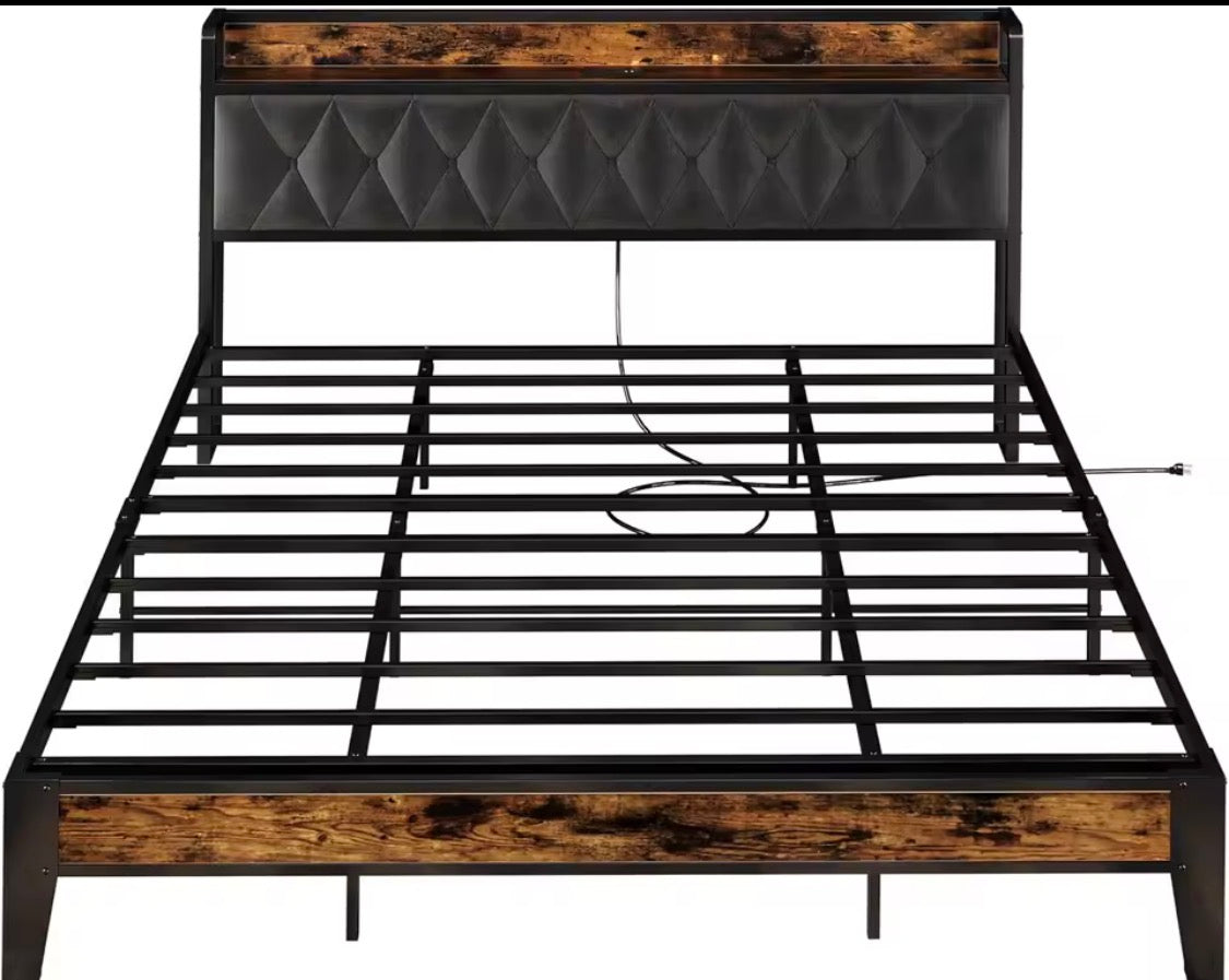 Queen/King Bed Frames, Storage Headboard with Outlets, No Noise, No Box Springs Needed.