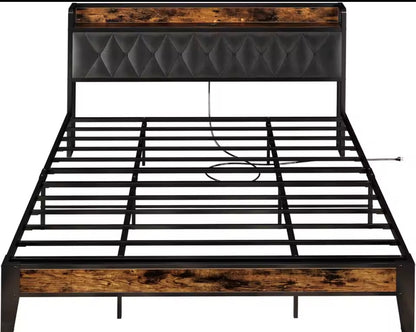 Queen/King Bed Frames, Storage Headboard with Outlets, No Noise, No Box Springs Needed.