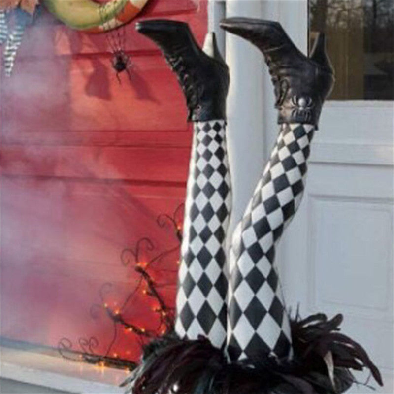 1 Pair Halloween Evil Witch Legs Props Upside Down Wizard Feet with Boot Stake Ornament Decoration for front Yard Lawn