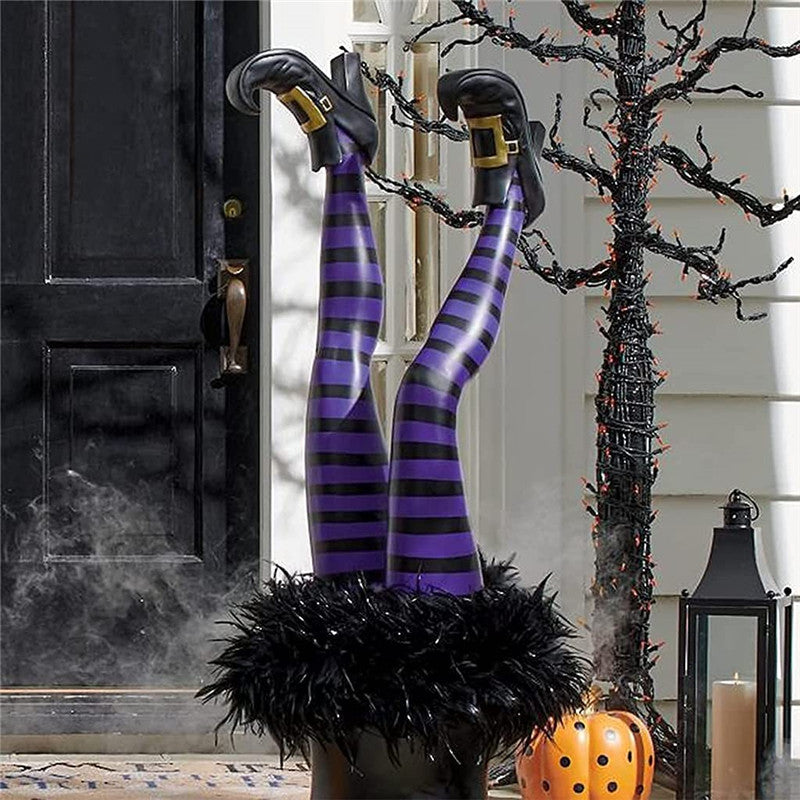 1 Pair Halloween Evil Witch Legs Props Upside Down Wizard Feet with Boot Stake Ornament Decoration for front Yard Lawn