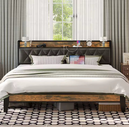 Queen Bed Frame with Storage Headboard & Built‑In Outlets