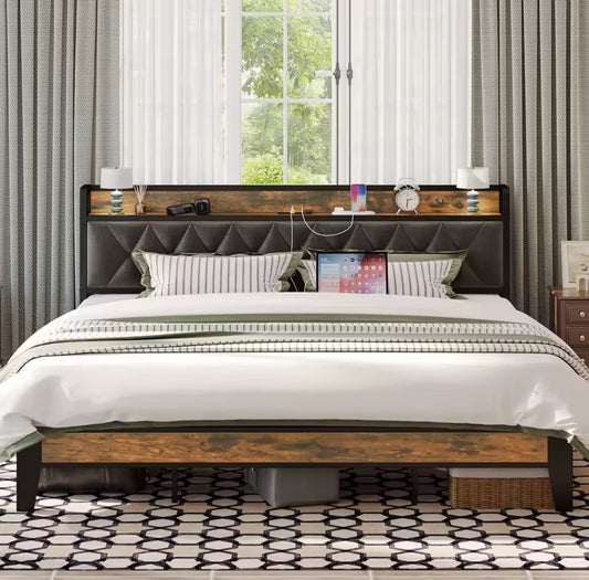 Queen Bed Frame With Storage Headboard With Outlet, No Noise