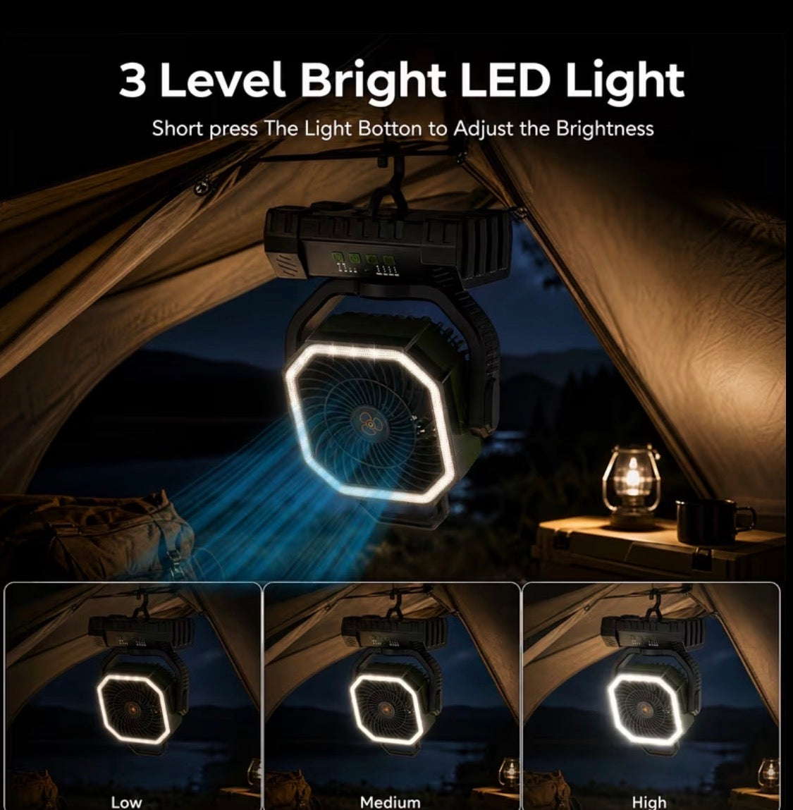 20000Mah Portable LED Camping Fan with Built-In Light - USB Rechargeable Outdoor Cooling Fan.