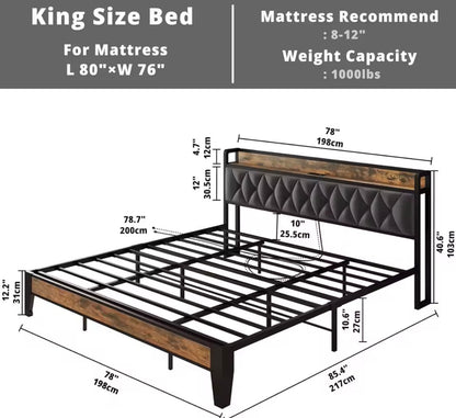 Queen/King Bed Frames, Storage Headboard with Outlets, No Noise, No Box Springs Needed.