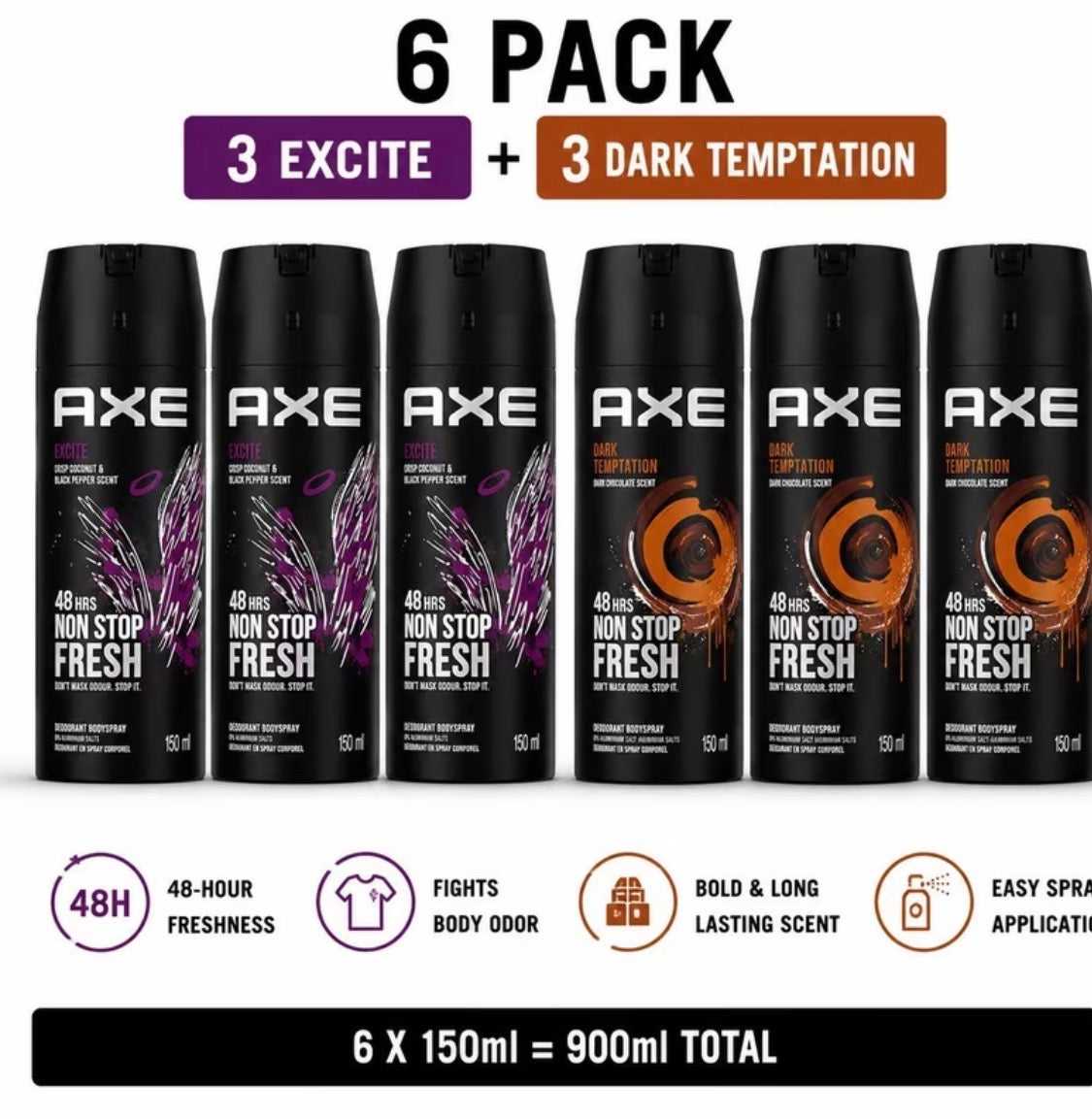 AXE Body Spray Deodorant Multipack (150ml, 6 Pack) – Excite & Dark Temptation 48H Freshness