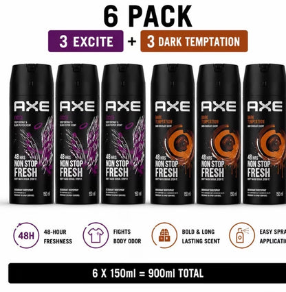 AXE Body Spray Deodorant Multipack (150ml, 6 Pack) – Excite & Dark Temptation 48H Freshness