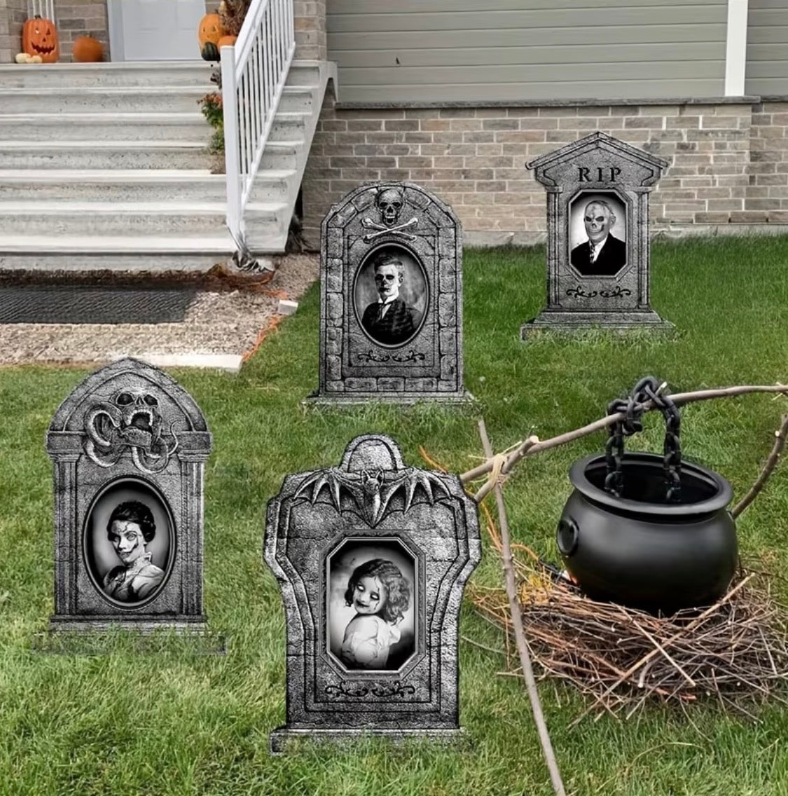 16.5" Realistic RIP Skeleton Graveyard Tombstones (4-Pack) | Outdoor Halloween Decor