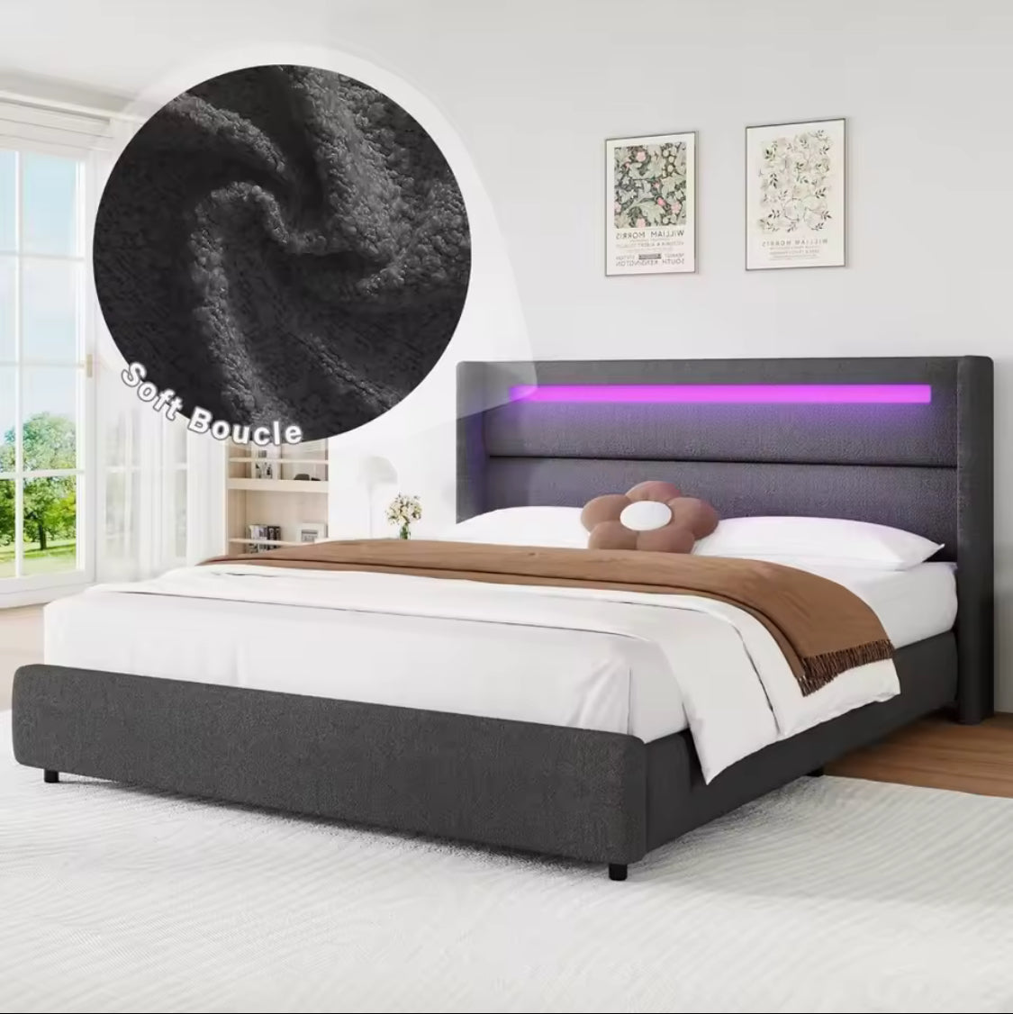 Upholstered LED Bed Frame With Wingback Headboard, Soft Boucle Queen Size Bed