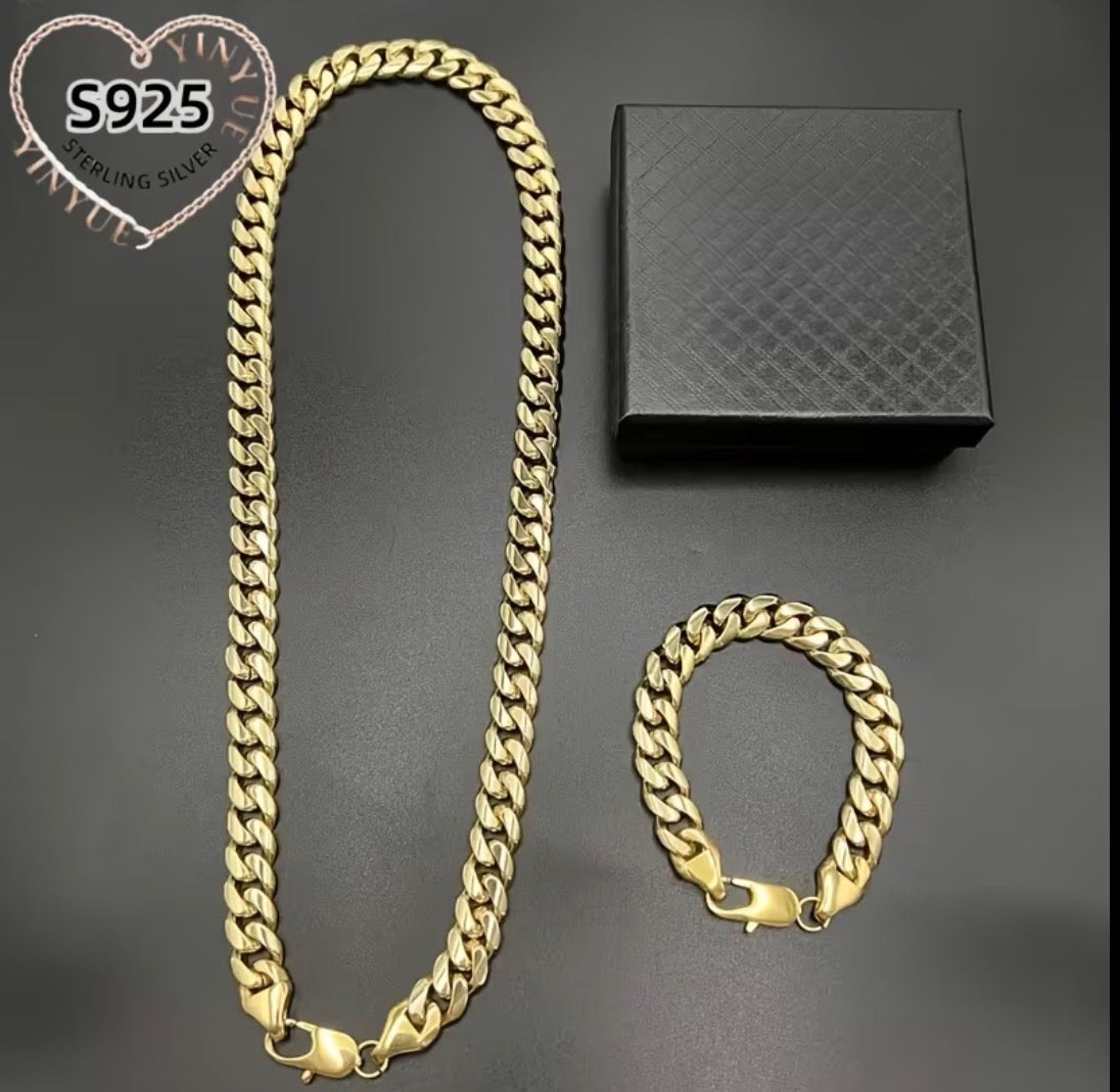925 Sterling Silver, 24K gold-plated jewelry set, featuring an 8mm wide Cuban chain necklace and bracelet.