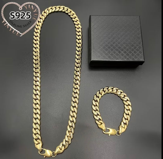 925 Sterling Silver, 24K gold-plated jewelry set, featuring an 8mm wide Cuban chain necklace and bracelet.