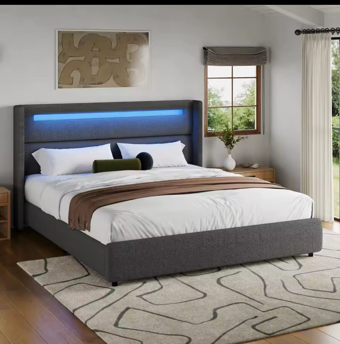 Upholstered LED Bed Frame With Wingback Headboard, Soft Boucle Queen Size Bed