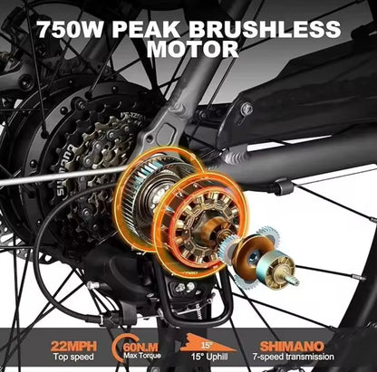 26" Step‑Thru Electric Bike — 750W Peak Motor, 7‑Speed with 50 Miles Range