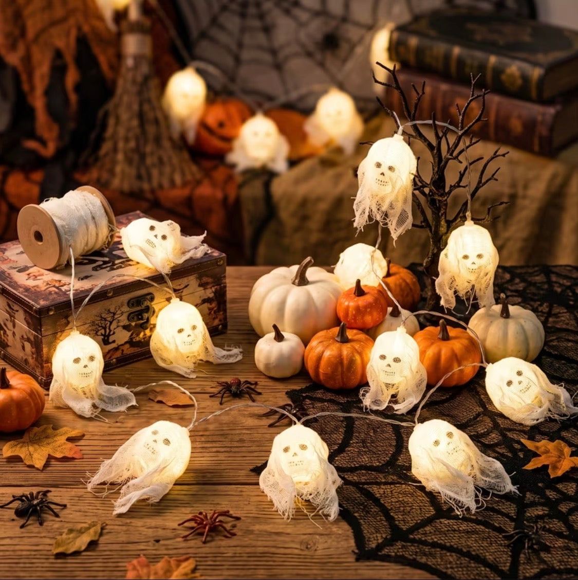 LED Hanging Halloween Skull String Lights - Battery Operated Outdoor Decoration