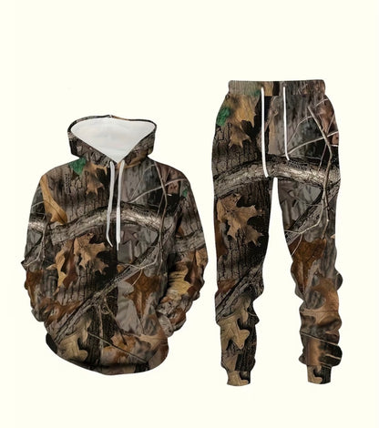 2 Men's Full Body Leaf Print Long Sleeved Hooded Sweatshirt+pants Set