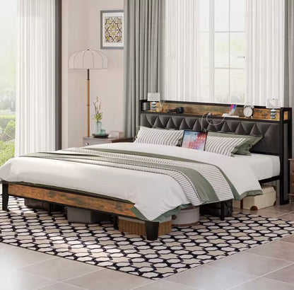 Queen/King Bed Frames, Storage Headboard with Outlets, No Noise, No Box Springs Needed.