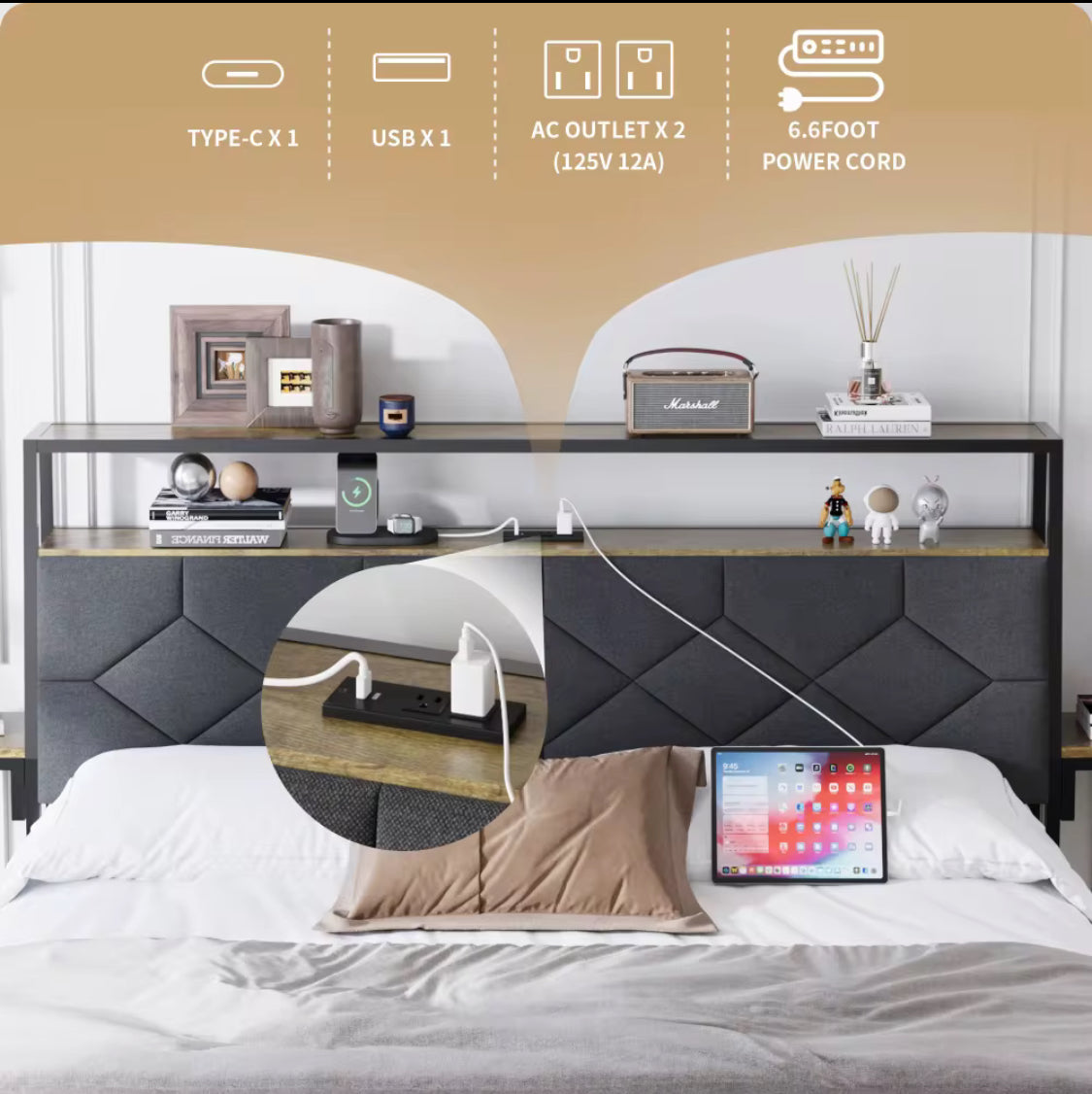 Queen Size Bed Frame With Storage Headband Built In Charging Station RGB LED.