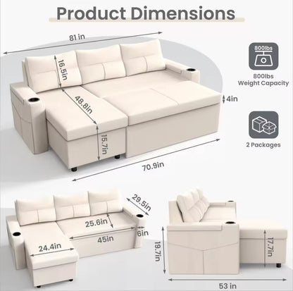 81” L Shape Sleeper Sofa With Armrest Storage, Cup Holder And Side Packets.