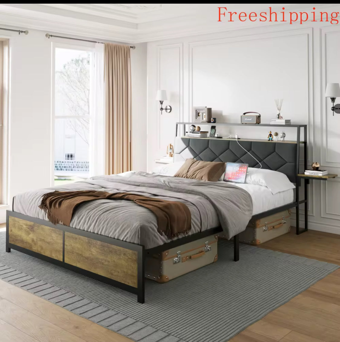 Queen Size Bed Frame With Storage Headband Built In Charging Station RGB LED.