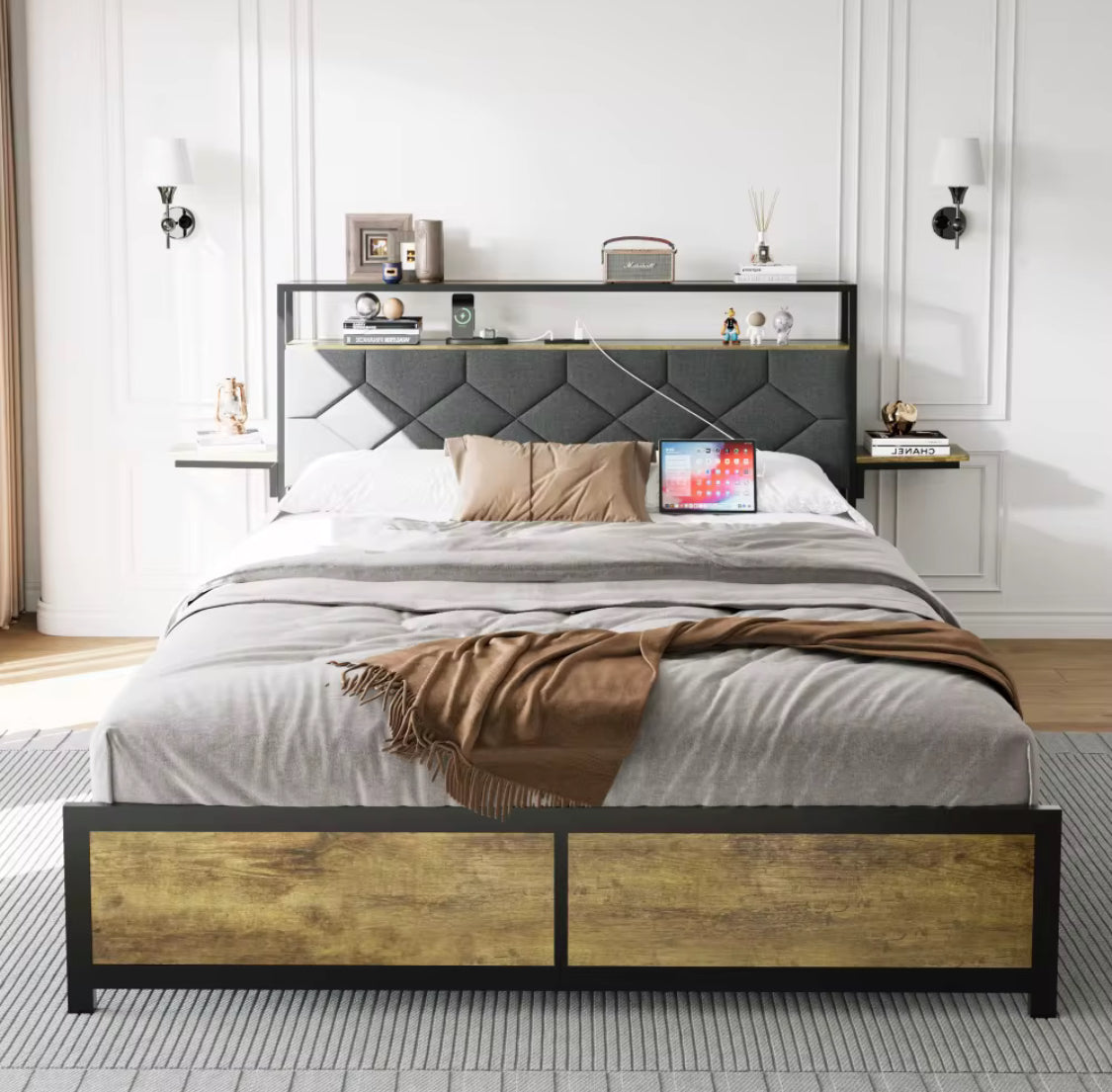 Queen Size Bed Frame With Storage Headband Built In Charging Station RGB LED.