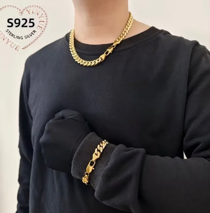 925 Sterling Silver, 24K gold-plated jewelry set, featuring an 8mm wide Cuban chain necklace and bracelet.