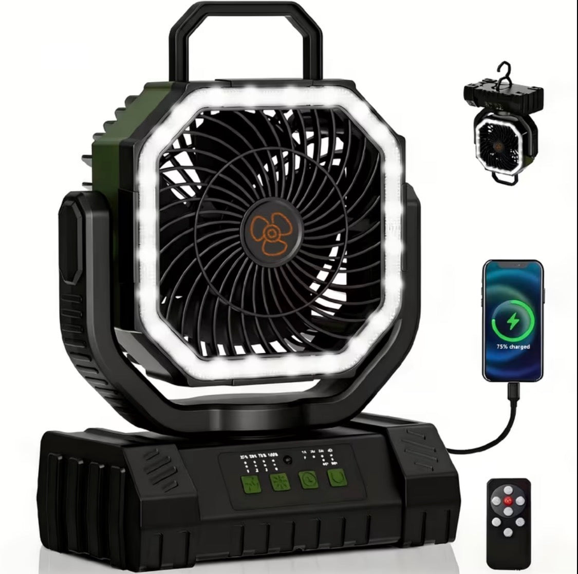 20000Mah Portable LED Camping Fan with Built-In Light - USB Rechargeable Outdoor Cooling Fan.