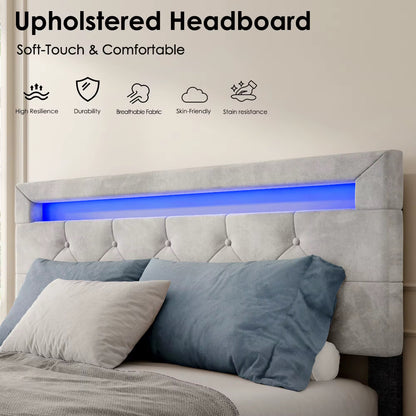 Queen Luxe Velvet Platform Bed Frame with LED Headboard & 4 Storage Drawers