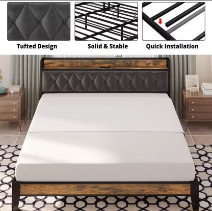 Queen Bed Frame with Storage Headboard & Built‑In Outlets