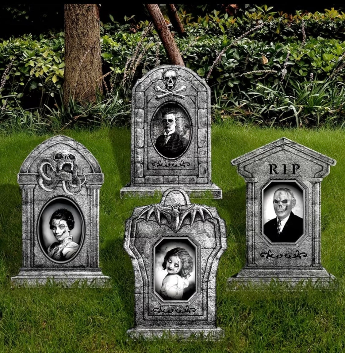 16.5" Realistic RIP Skeleton Graveyard Tombstones (4-Pack) | Outdoor Halloween Decor