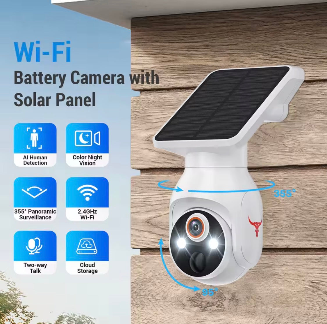 1080P Solar Security Cameras Wireless Outdoor, 360° View Pan/Tilt, 2.4Ghz WiFi Outside, Color Night Vision, Real-Time Alerts, Cloud Storage, 2-Way Audio