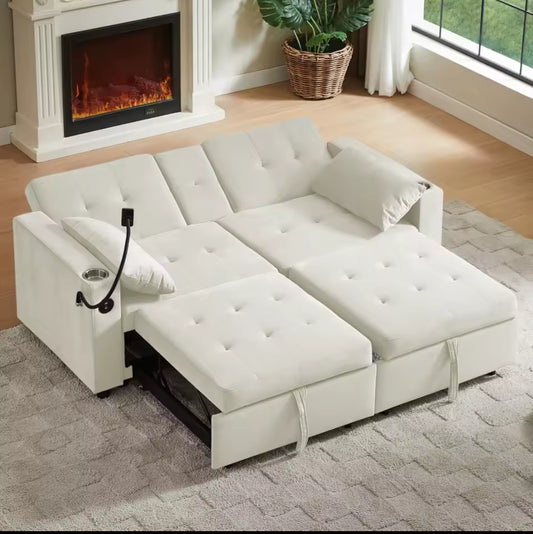 70’ Queen Solid Wood Sleeper Couch For Living Room With Cup & Phone Holder.