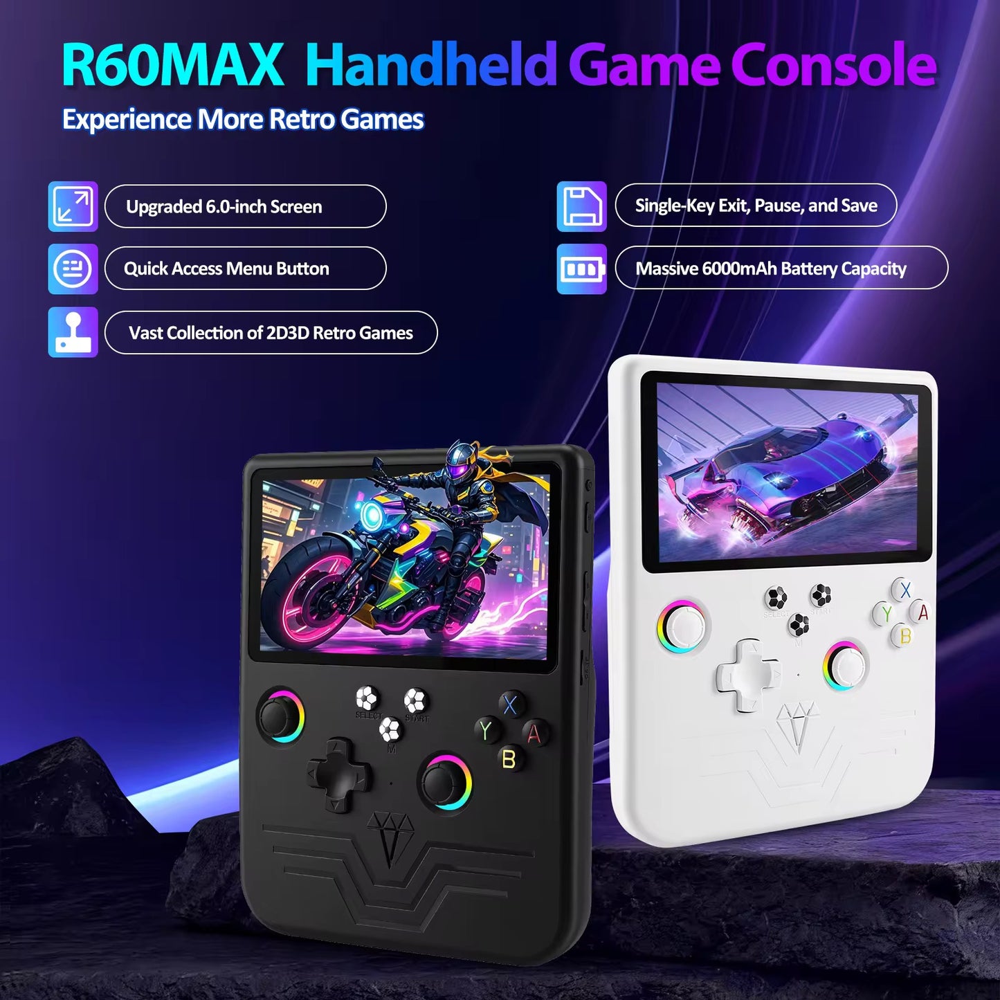 Black Retro Handheld Game Console. RGB Light Replaceable Arcade Joystick Portable WIFI
Hand Held Gaming Player.