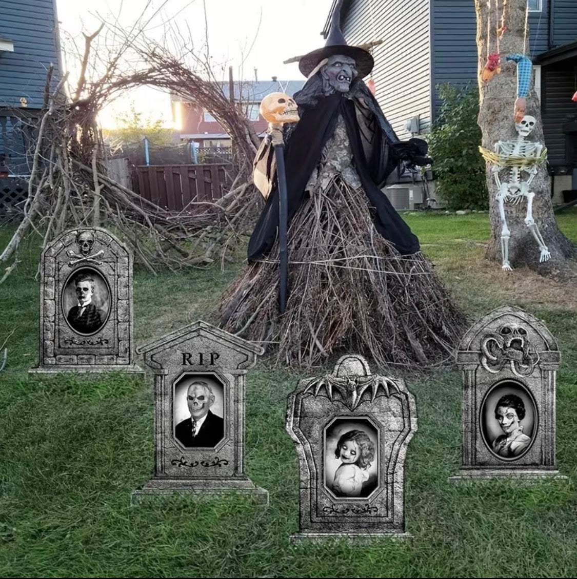 16.5" Realistic RIP Skeleton Graveyard Tombstones (4-Pack) | Outdoor Halloween Decor