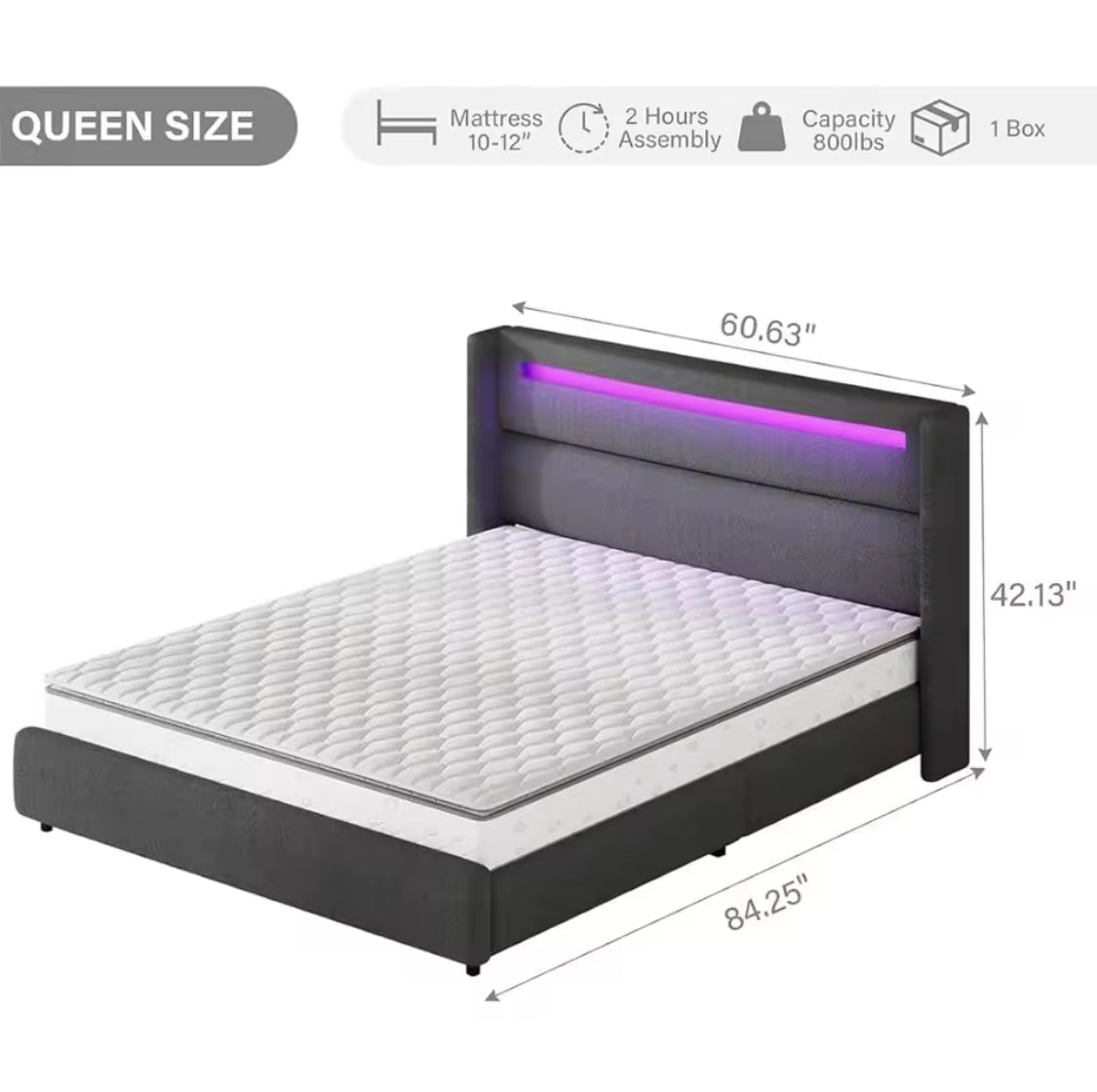 Upholstered LED Bed Frame With Wingback Headboard, Soft Boucle Queen Size Bed