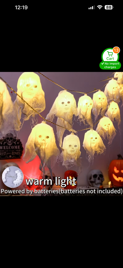 LED Hanging Halloween Skull String Lights - Battery Operated Outdoor Decoration